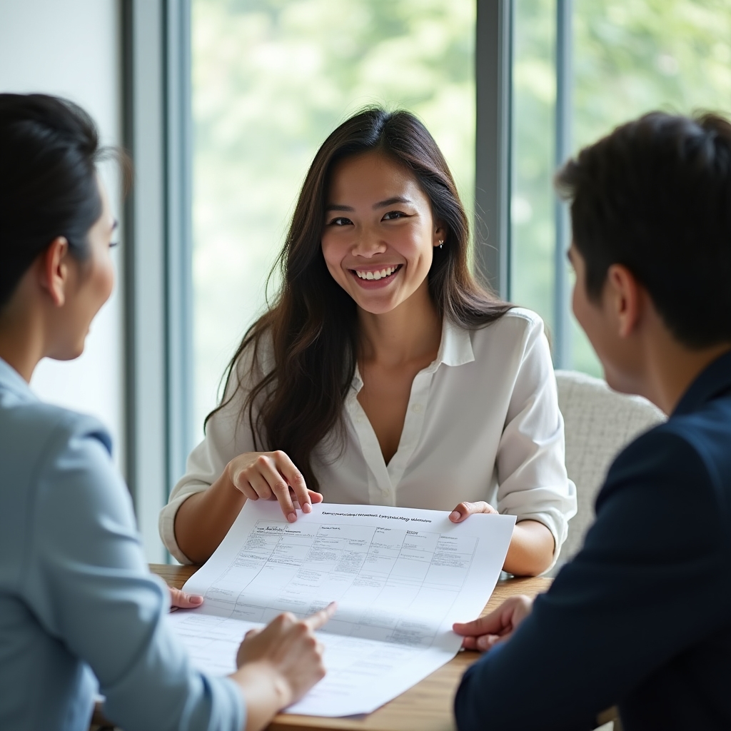Young female coordinator in a professional meeting with a couple, presenting a printed event timeline with confident body language