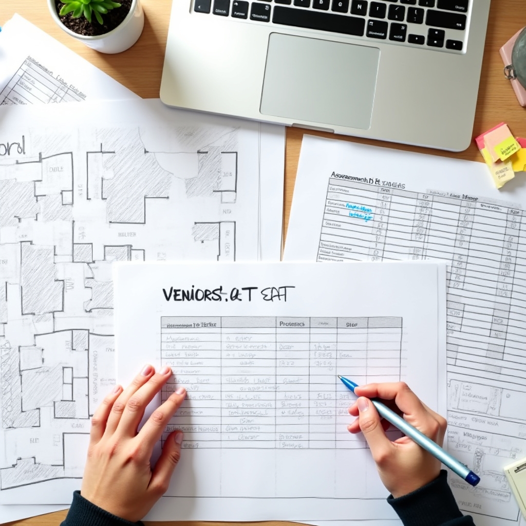 Focused young professional at a large desk covered with event planning documents, floor plans, and a laptop open to a spreadsheet