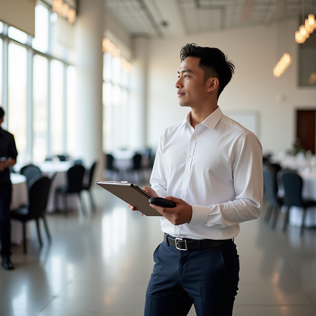Young coordinator in smart casual attire holding a clipboard and radio, directing setup crew in a large event space with natural light