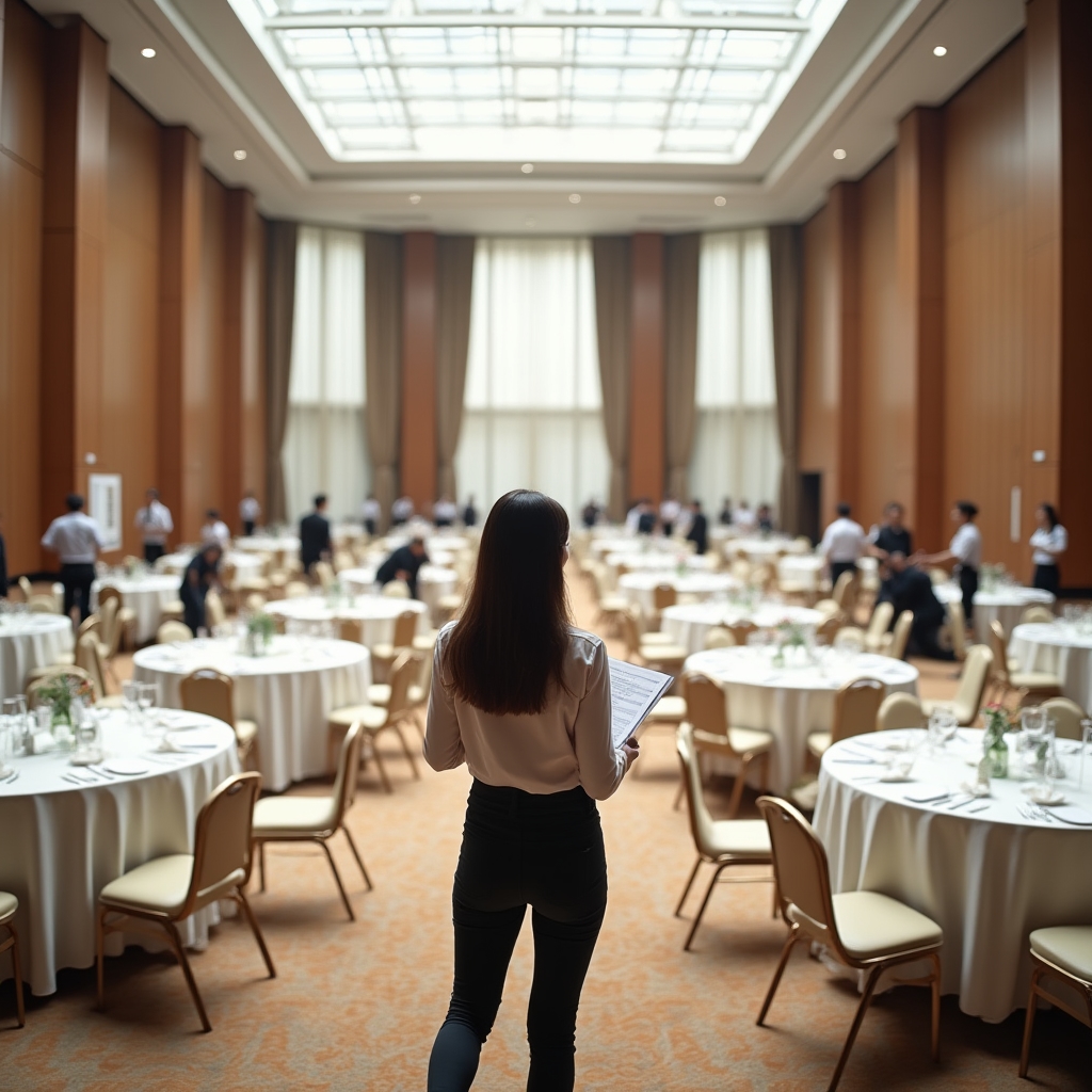 Wide shot of a large event space during setup with a young coordinator walking through the room reviewing a checklist while vendors arrange furniture