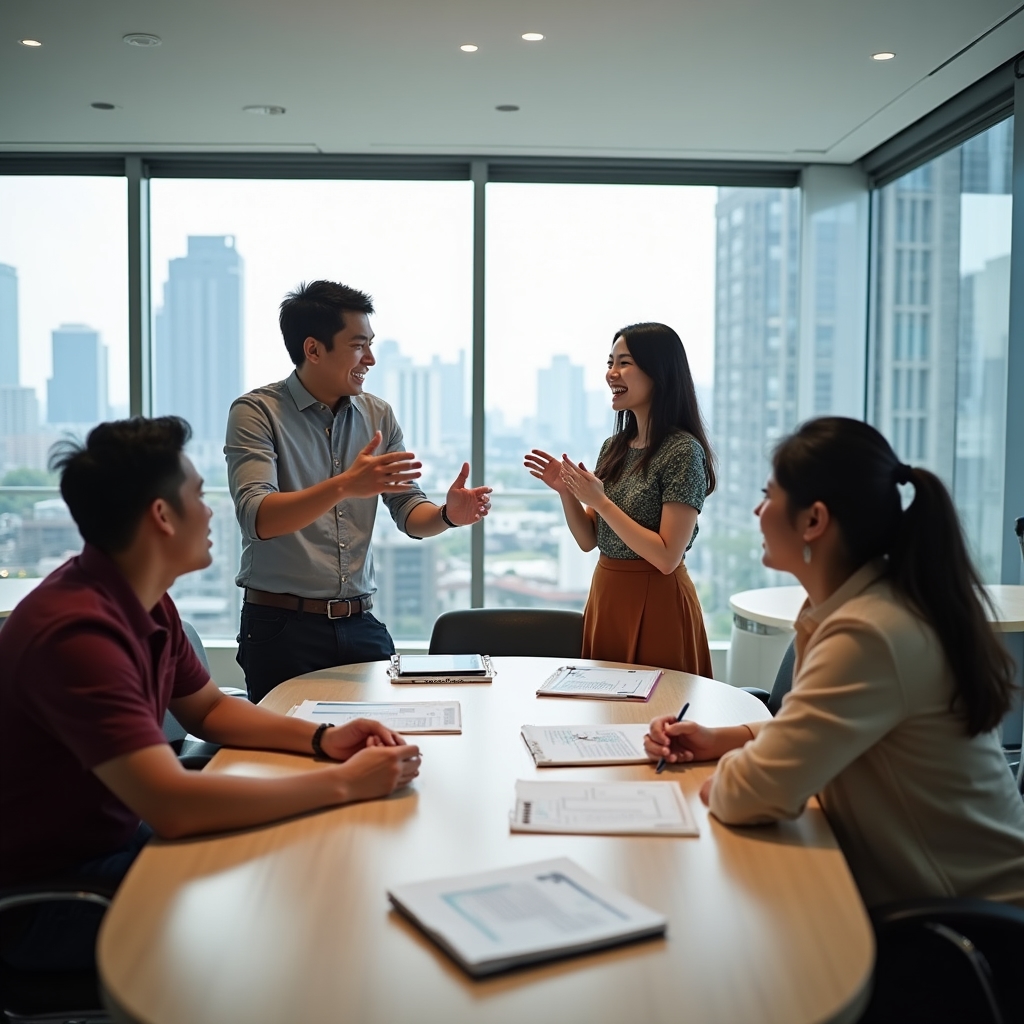 Group of four young professionals in their mid-twenties engaged in a lively workshop discussion around a table with printed materials